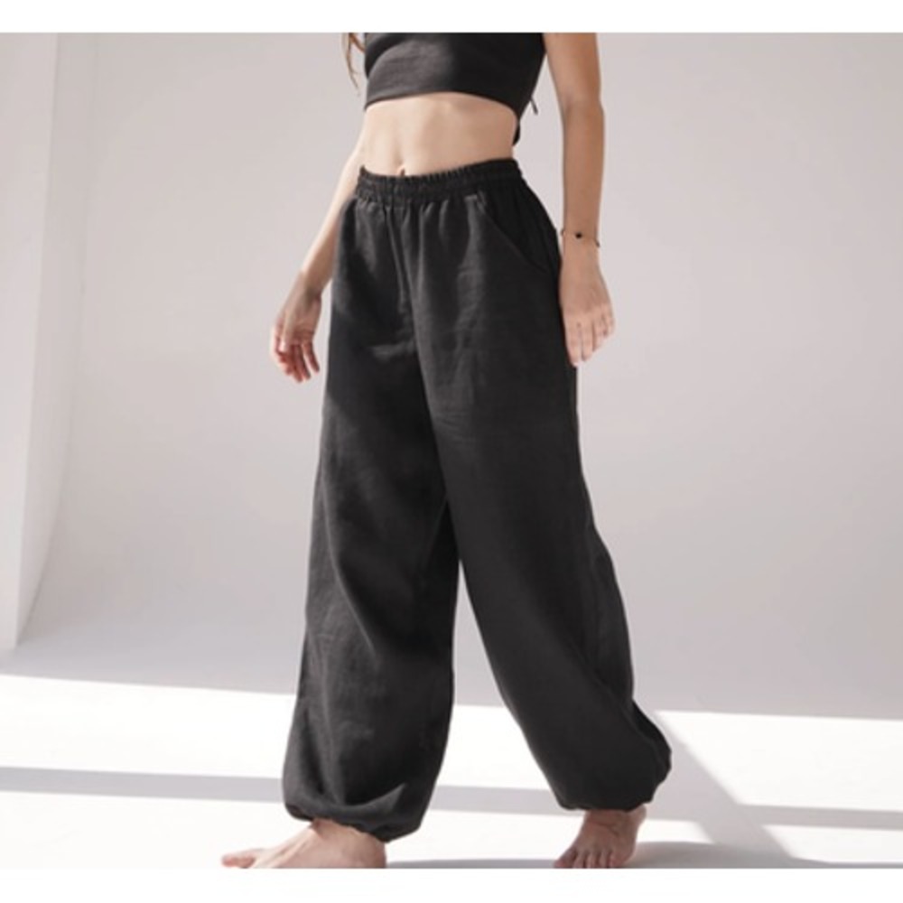 Black Ficus Linen Pants Womens XL Black Flowy Lagenlook Cinched Hem Natural